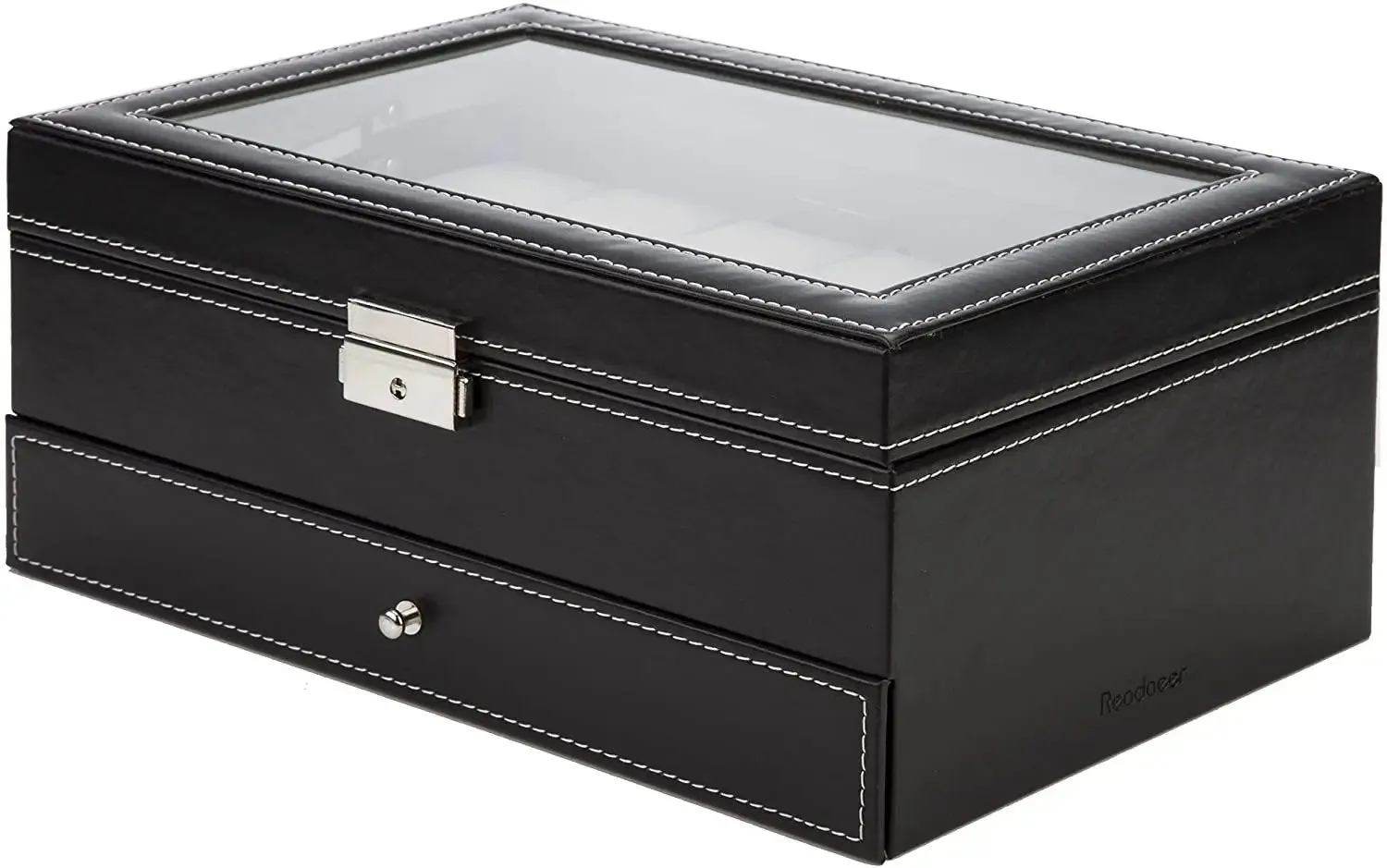 Black Leather Watch Box Jewelry Display Case with Drawers (12 Slots with 2 Layers)