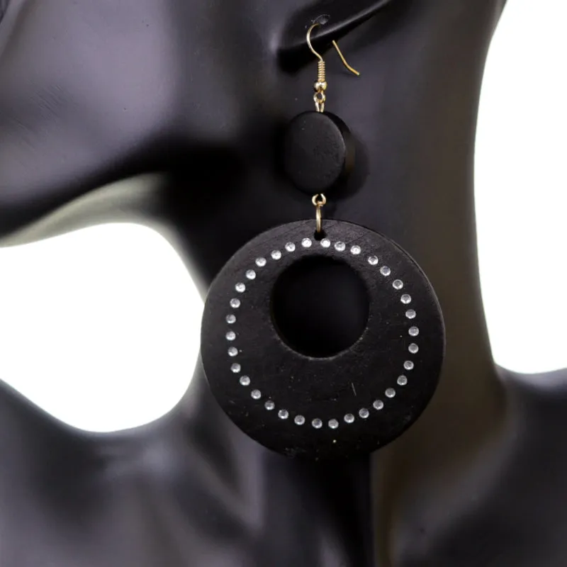 Black Wooden Gemstone Drop Hoop Earrings