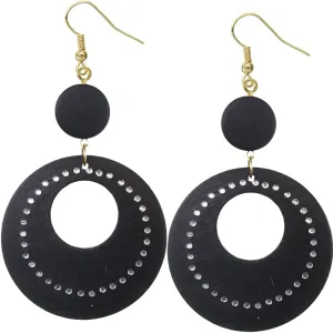 Black Wooden Gemstone Drop Hoop Earrings