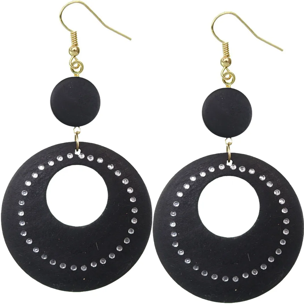 Black Wooden Gemstone Drop Hoop Earrings