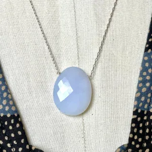 Blue Chalcedony Petite Gemstone Slice Necklace White Gold