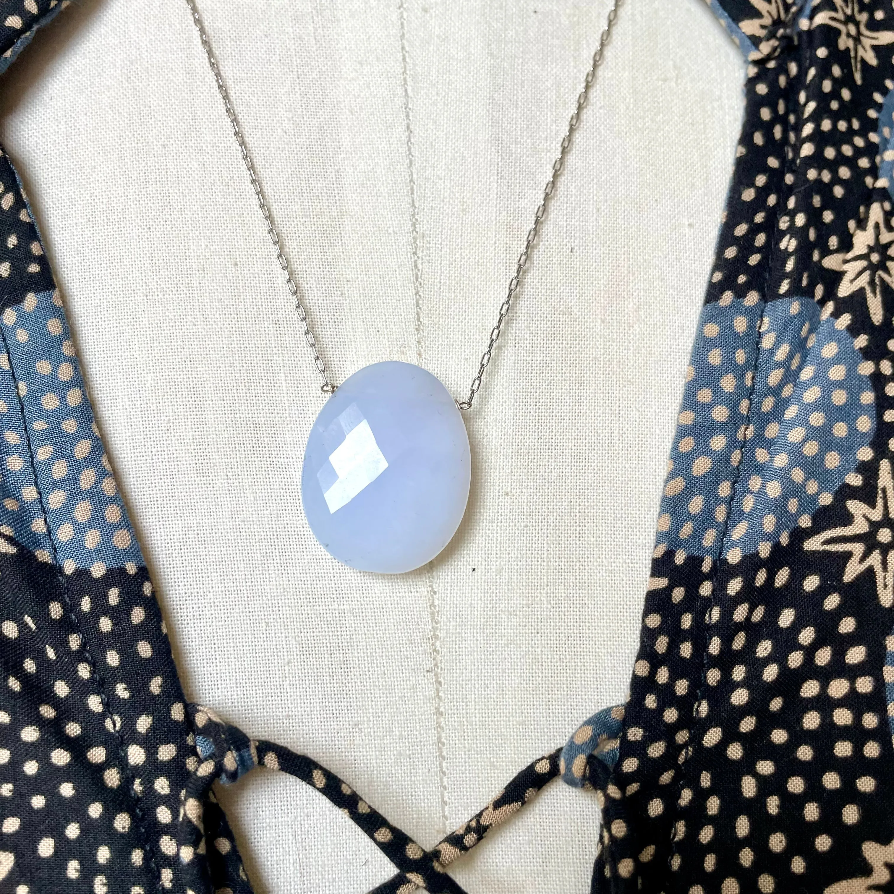Blue Chalcedony Petite Gemstone Slice Necklace White Gold