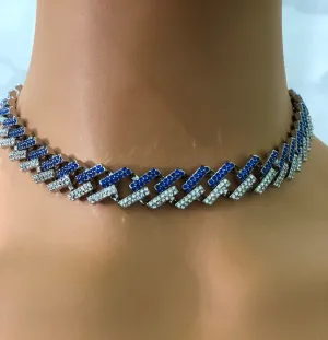 Blue cuban Choker Necklace , blue cuban chain, Iced cuban chain Prong Cuban Link Chains Necklace,15mm Mutil-Colored Blue Rhinestones cuban c