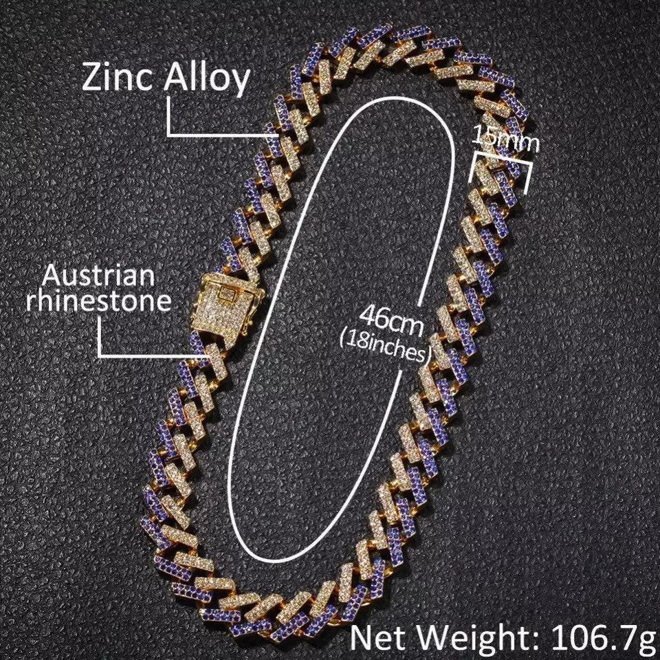 Blue cuban Choker Necklace , blue cuban chain, Iced cuban chain Prong Cuban Link Chains Necklace,15mm Mutil-Colored Blue Rhinestones cuban c