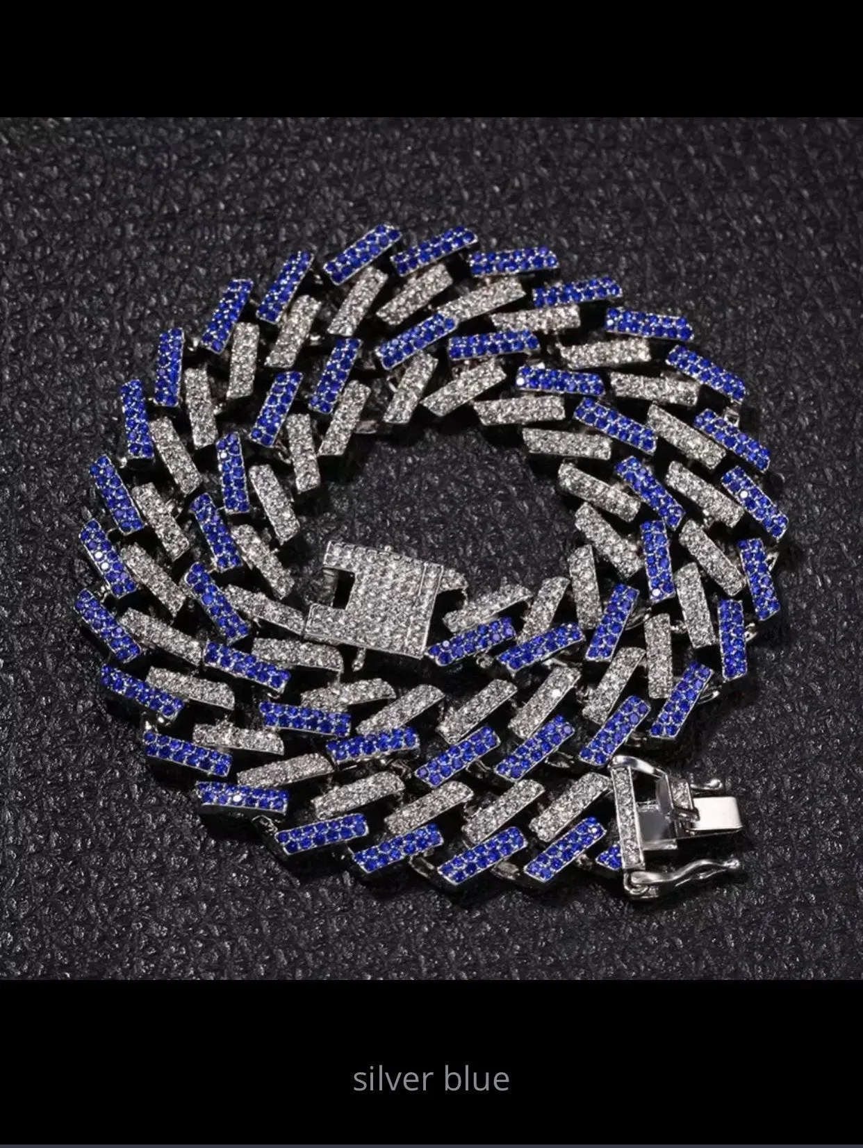 Blue cuban Choker Necklace , blue cuban chain, Iced cuban chain Prong Cuban Link Chains Necklace,15mm Mutil-Colored Blue Rhinestones cuban c