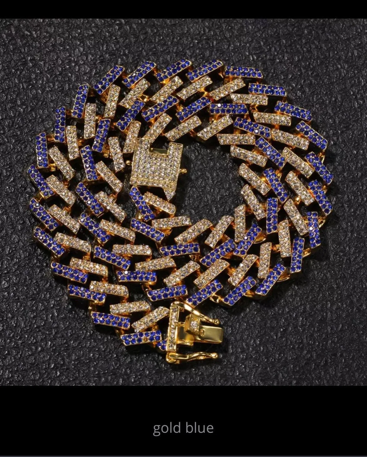 Blue cuban Choker Necklace , blue cuban chain, Iced cuban chain Prong Cuban Link Chains Necklace,15mm Mutil-Colored Blue Rhinestones cuban c
