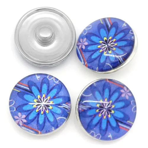 Blue Flower Design Glass Charm Button Fits Chunk Bracelet 18mm for Noosa Style Leather Bracelet