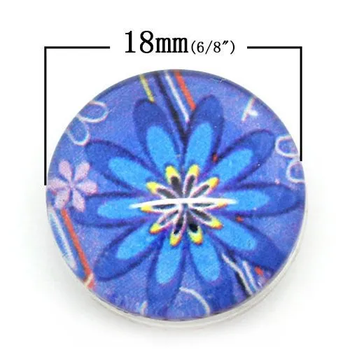 Blue Flower Design Glass Charm Button Fits Chunk Bracelet 18mm for Noosa Style Leather Bracelet