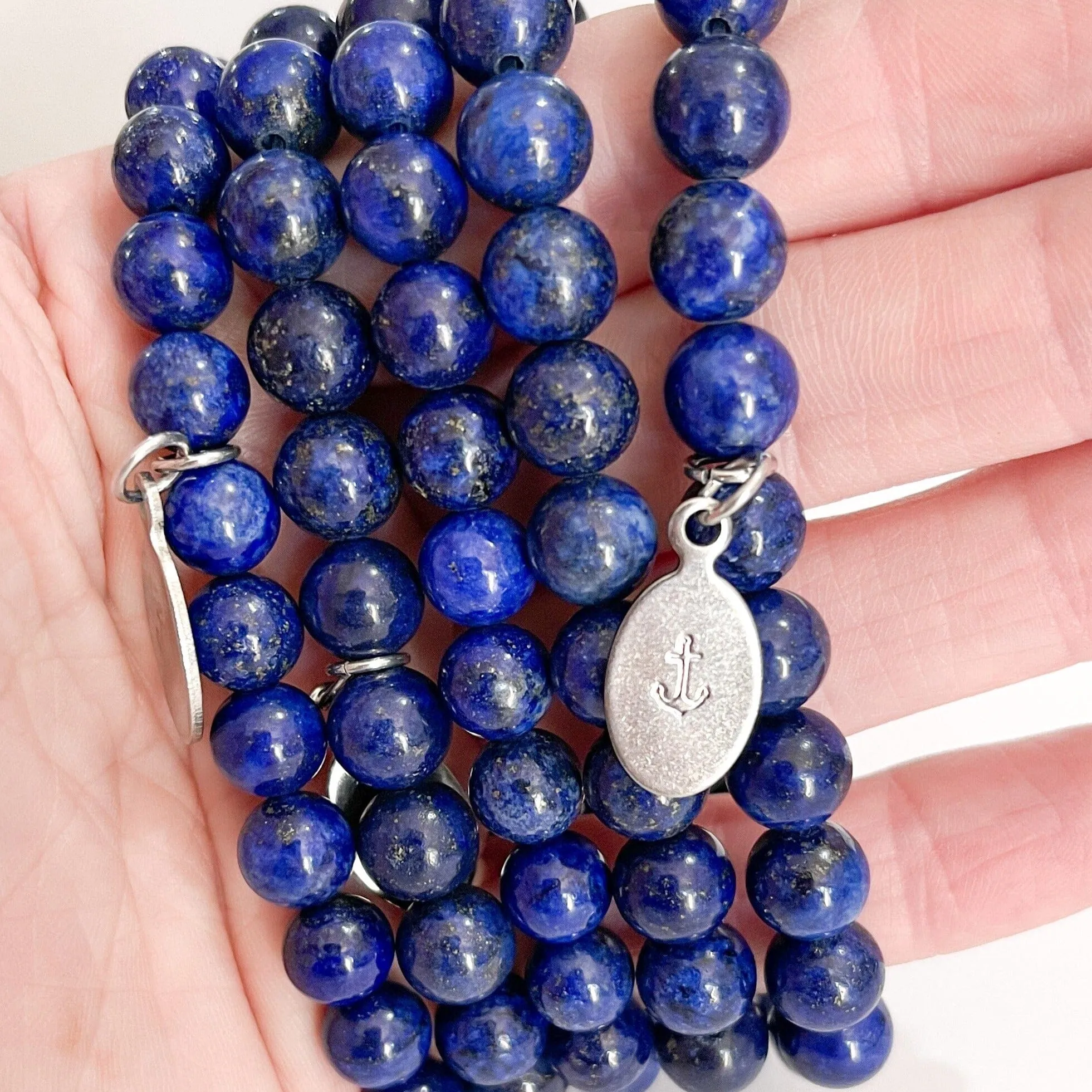 Blue Lapis Bead Bracelet | Anchor Charm | 8mm | Natural Gemstone | Womens