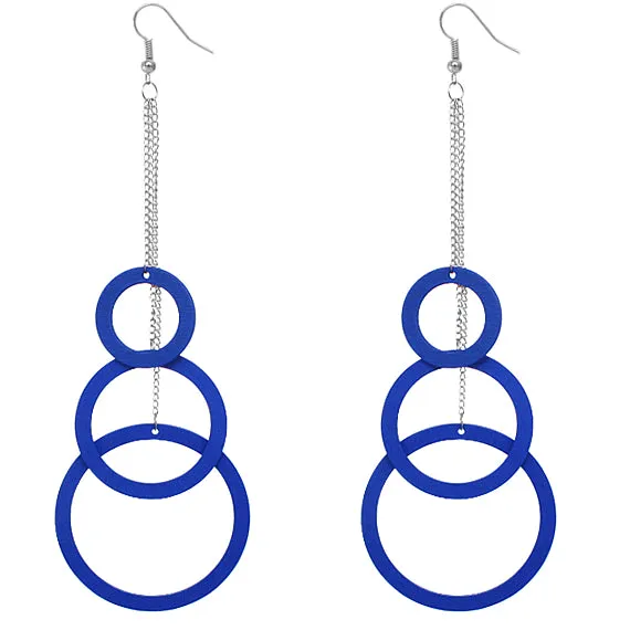 Blue Wooden Cascade Drop Chain Hoop Earrings