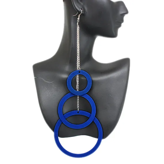 Blue Wooden Cascade Drop Chain Hoop Earrings