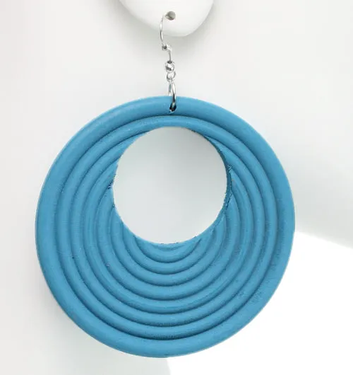 Blue Wooden Circular Roll Texture Dangle Earrings