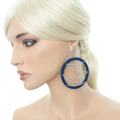 Blue Wooden Zigzag Chain Hoop Earrings