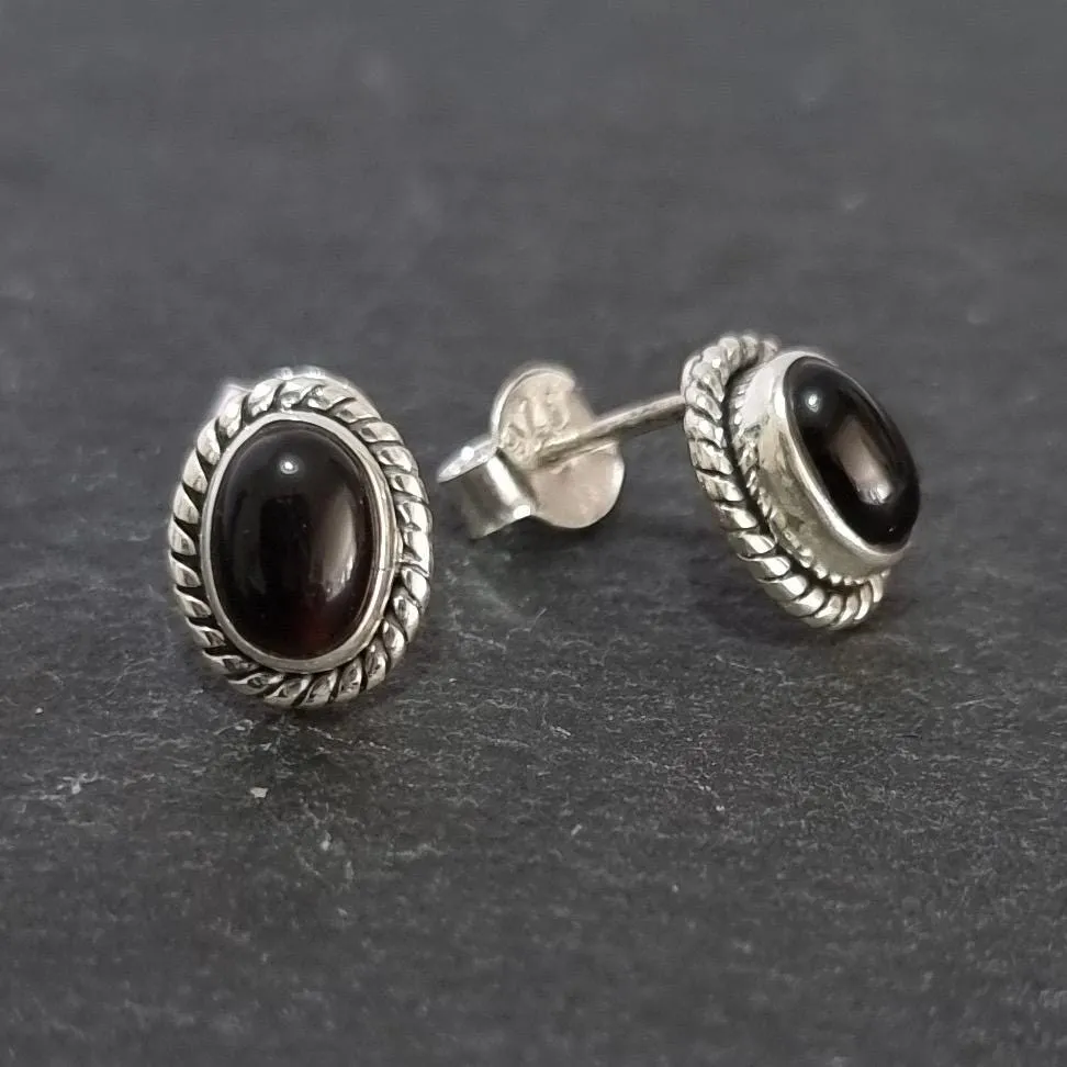 Boho Oval Black Onyx Stud Earrings, 925 Sterling Silver, S4O