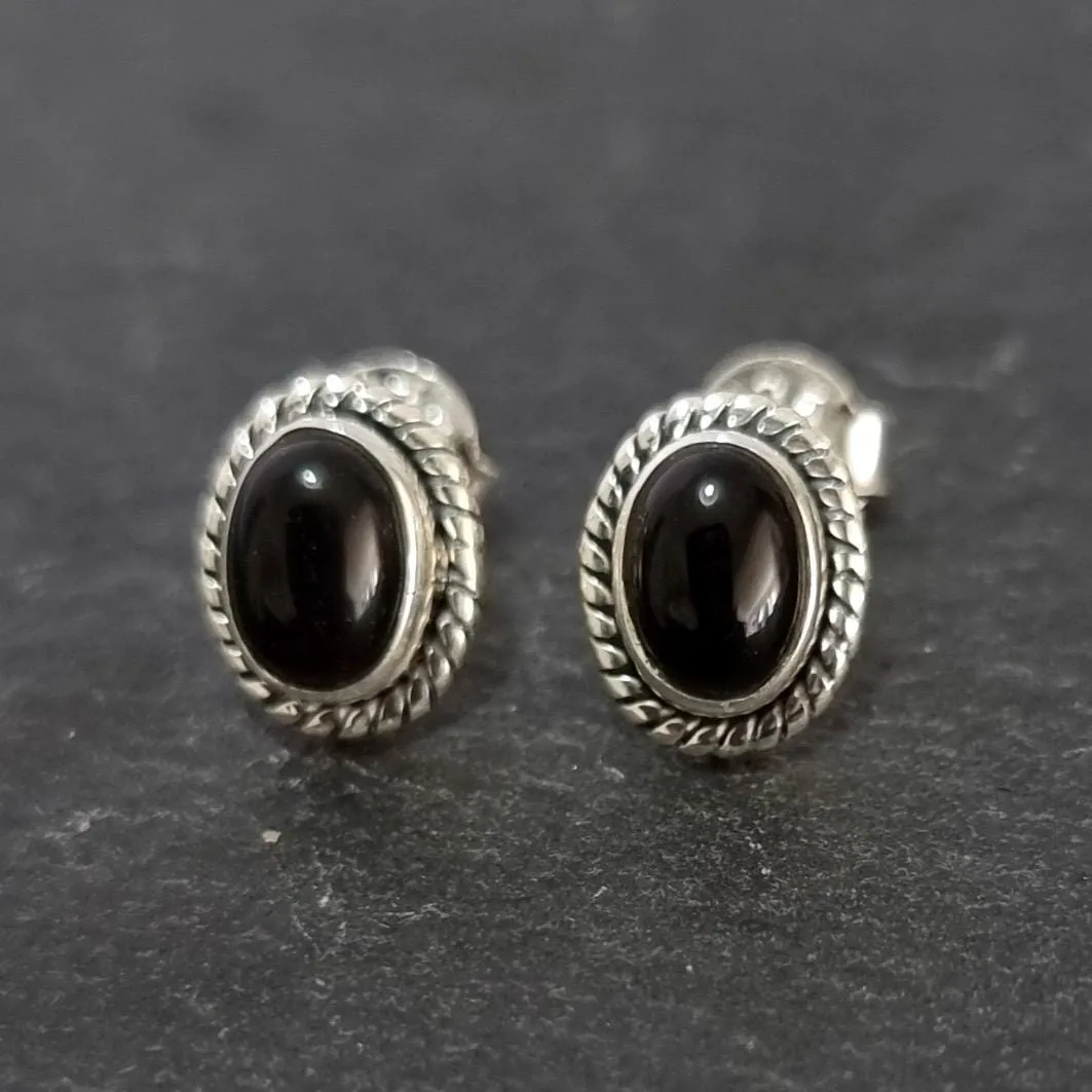 Boho Oval Black Onyx Stud Earrings, 925 Sterling Silver, S4O