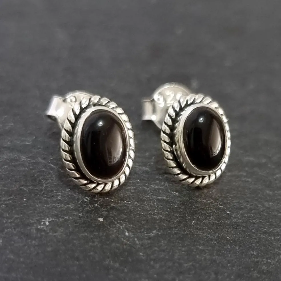 Boho Oval Black Onyx Stud Earrings, 925 Sterling Silver, S4O