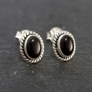Boho Oval Black Onyx Stud Earrings, 925 Sterling Silver, S4O