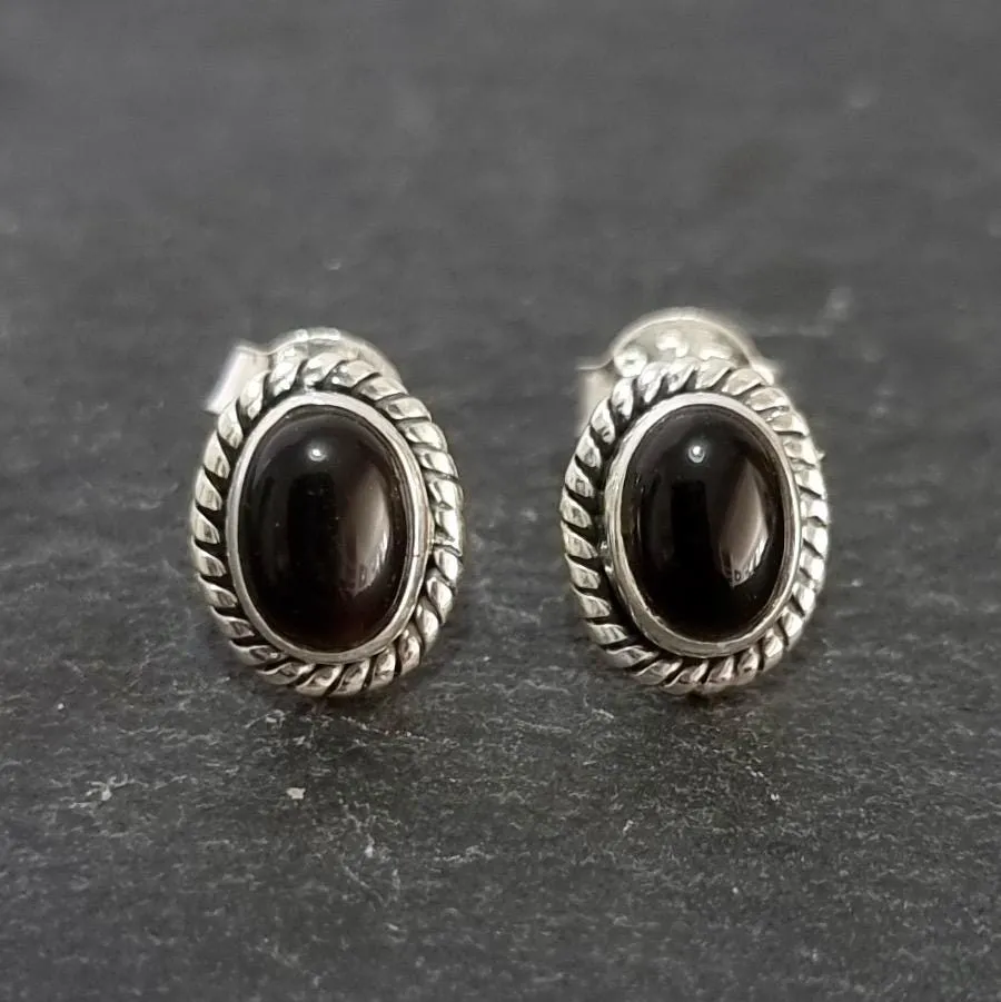 Boho Oval Black Onyx Stud Earrings, 925 Sterling Silver, S4O
