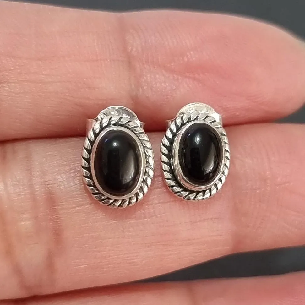 Boho Oval Black Onyx Stud Earrings, 925 Sterling Silver, S4O