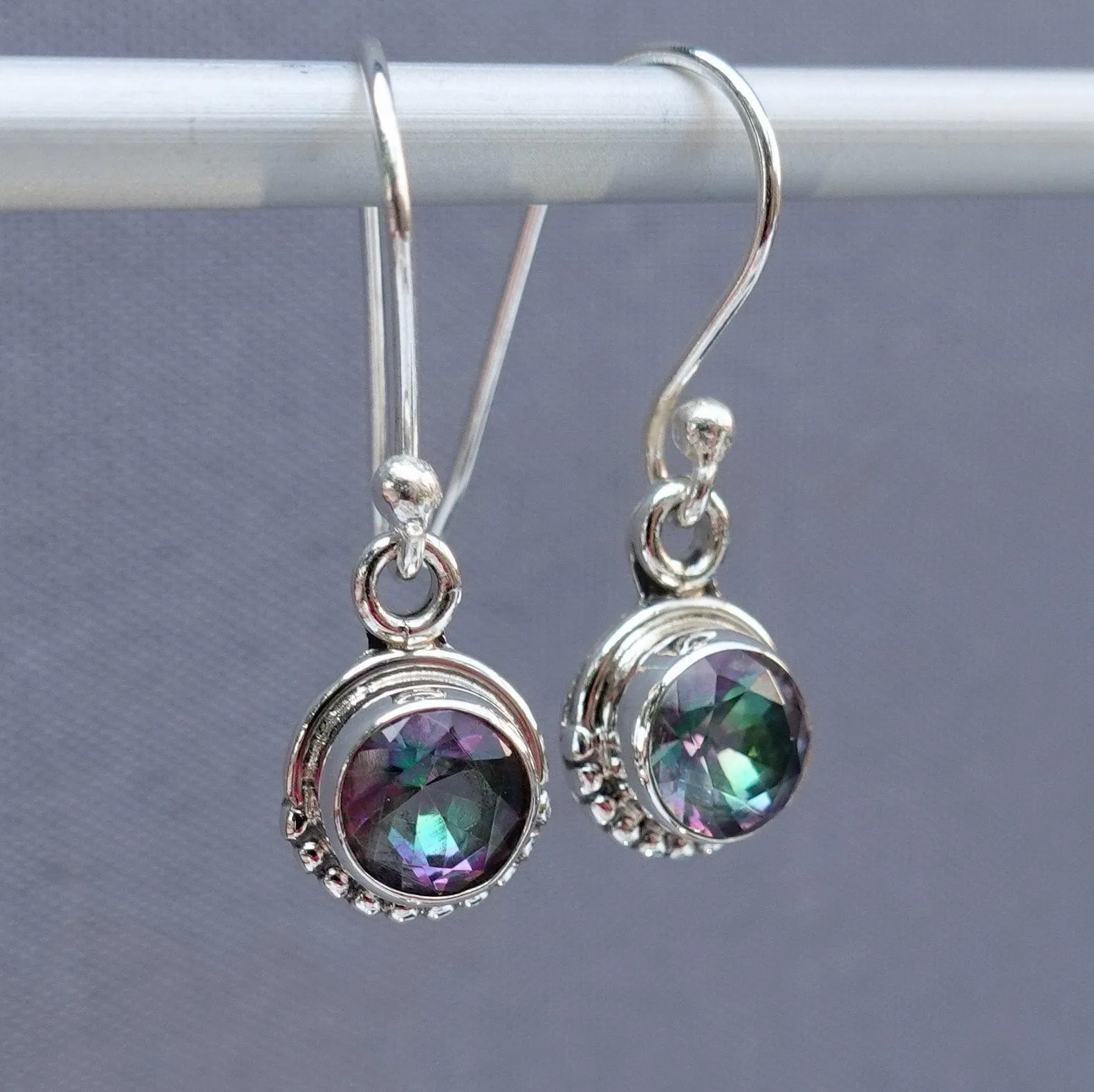 Boho Round 5mm Mystic Topaz 925  Silver Earrings, E86MT