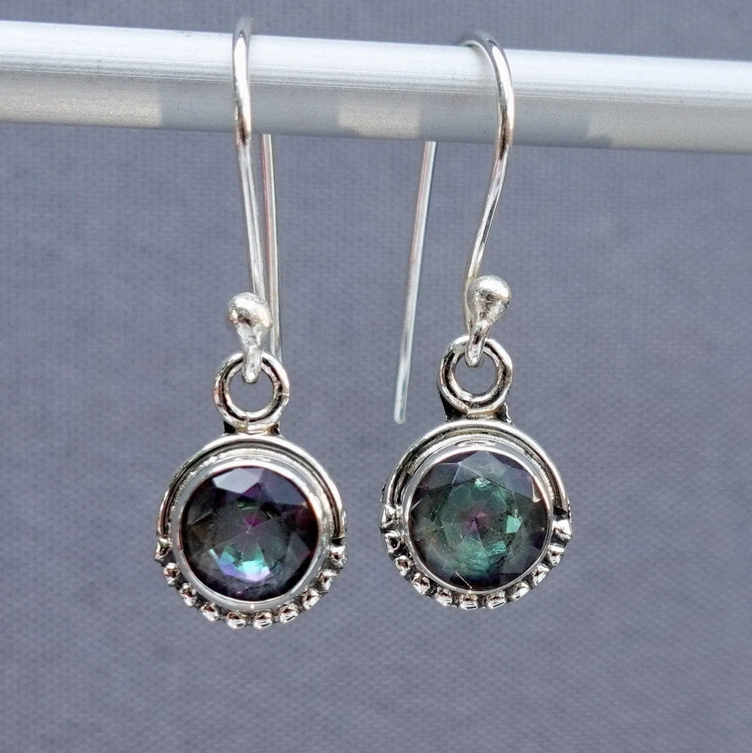 Boho Round 5mm Mystic Topaz 925  Silver Earrings, E86MT