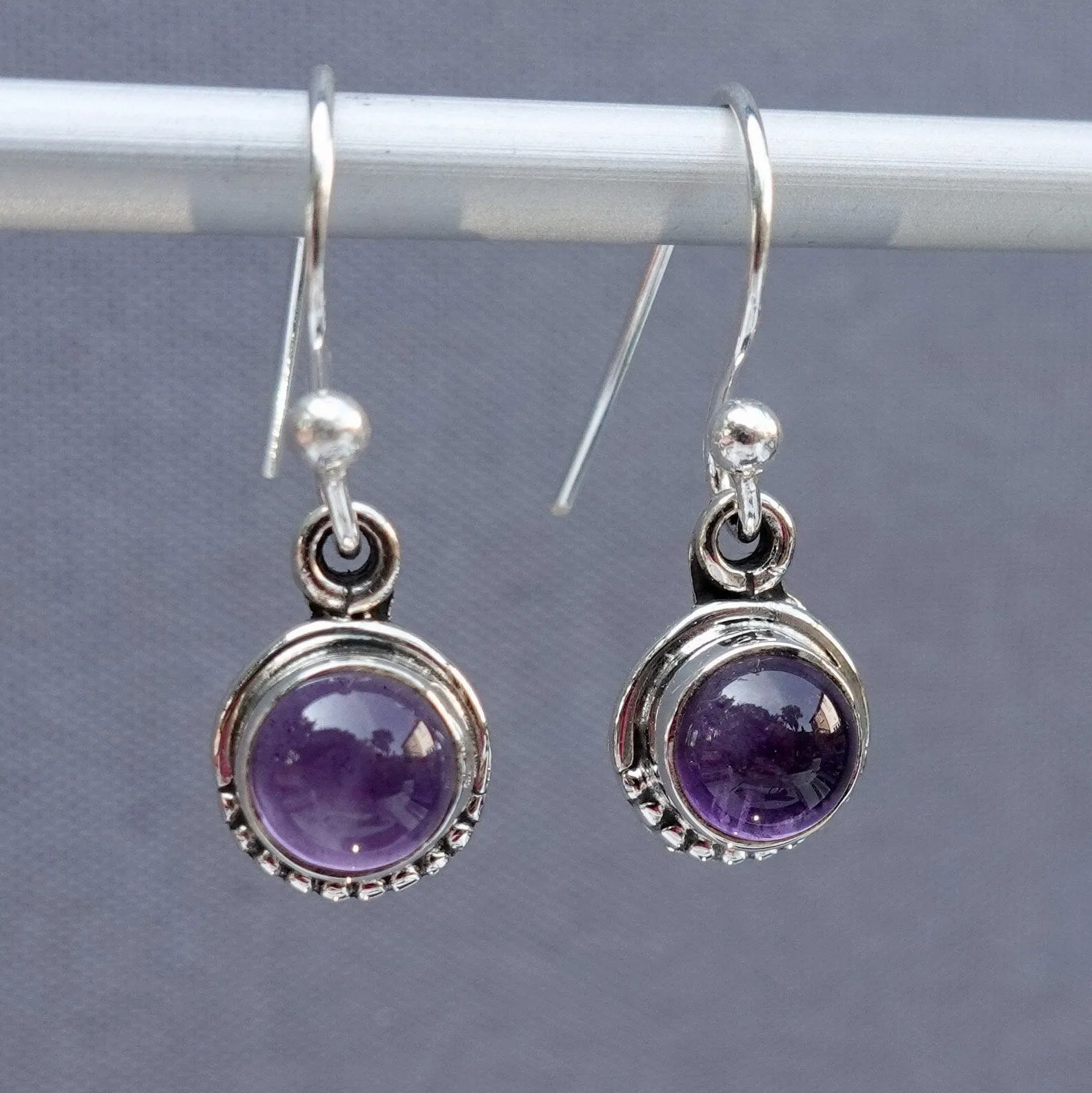Boho Round 6mm Amethyst 925 Sterling Silver Earrings, E86A