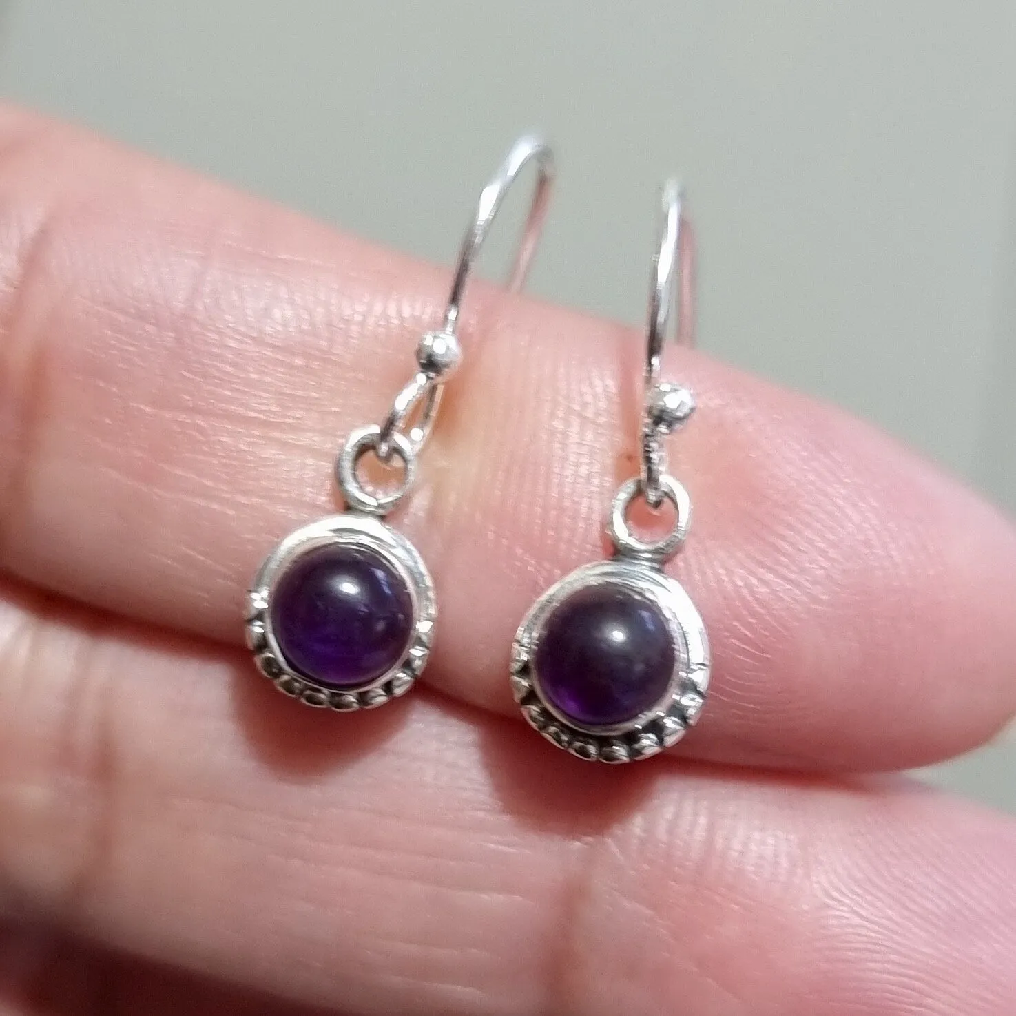 Boho Round 6mm Amethyst 925 Sterling Silver Earrings, E86A