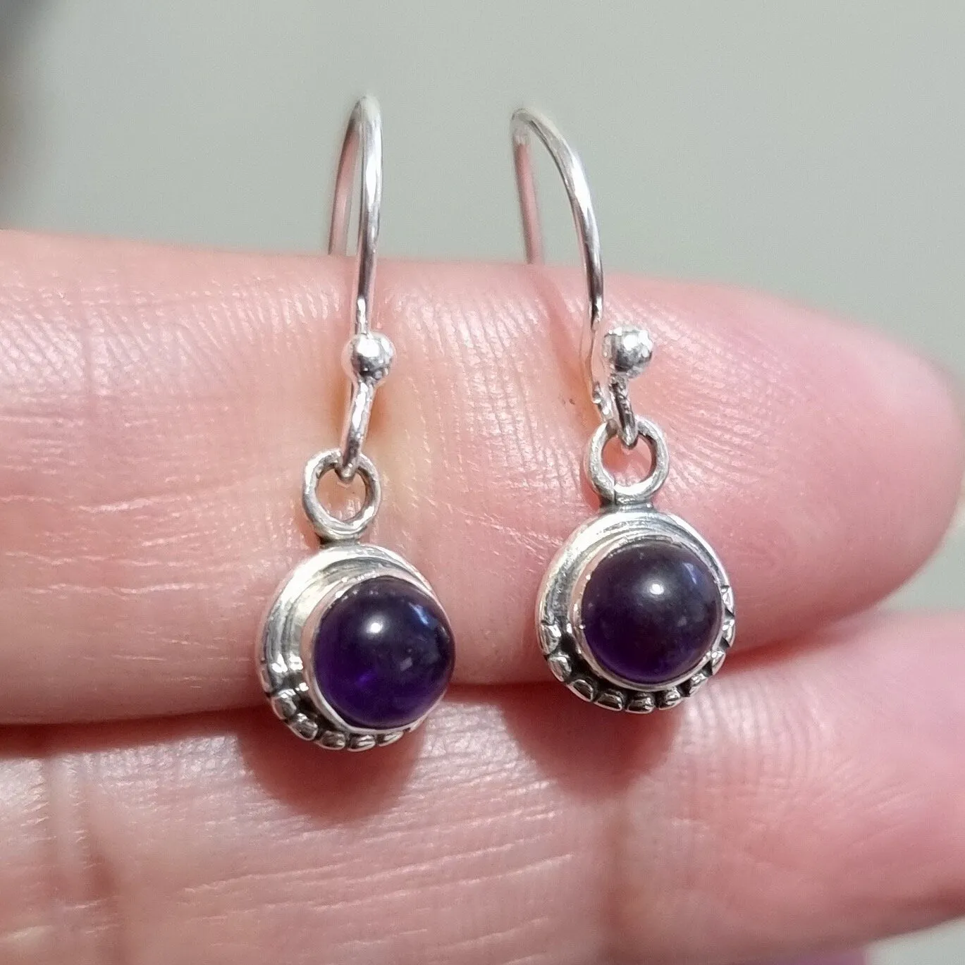 Boho Round 6mm Amethyst 925 Sterling Silver Earrings, E86A