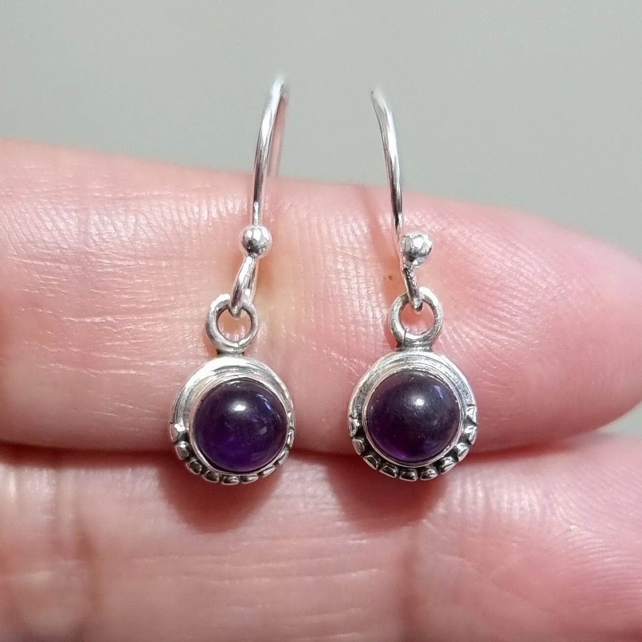 Boho Round 6mm Amethyst 925 Sterling Silver Earrings, E86A