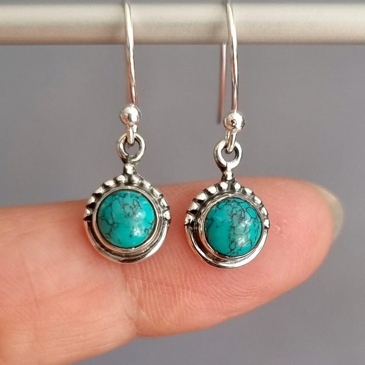 Boho Round 6mm Turquoise 925 Sterling Silver Earrings, E91T