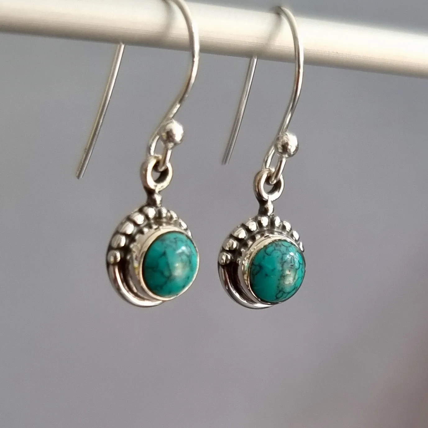 Boho Round 6mm Turquoise 925 Sterling Silver Earrings, E91T