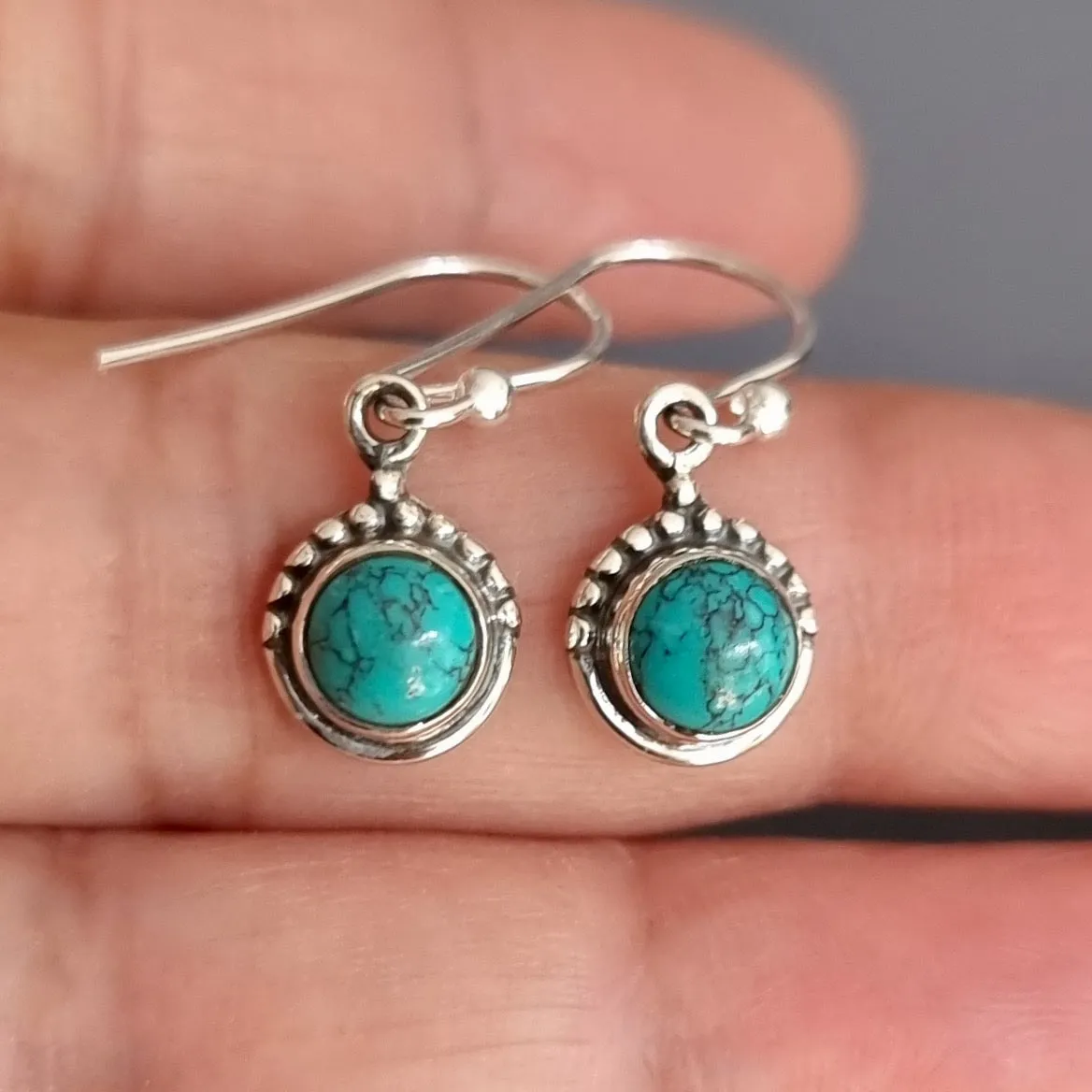Boho Round 6mm Turquoise 925 Sterling Silver Earrings, E91T
