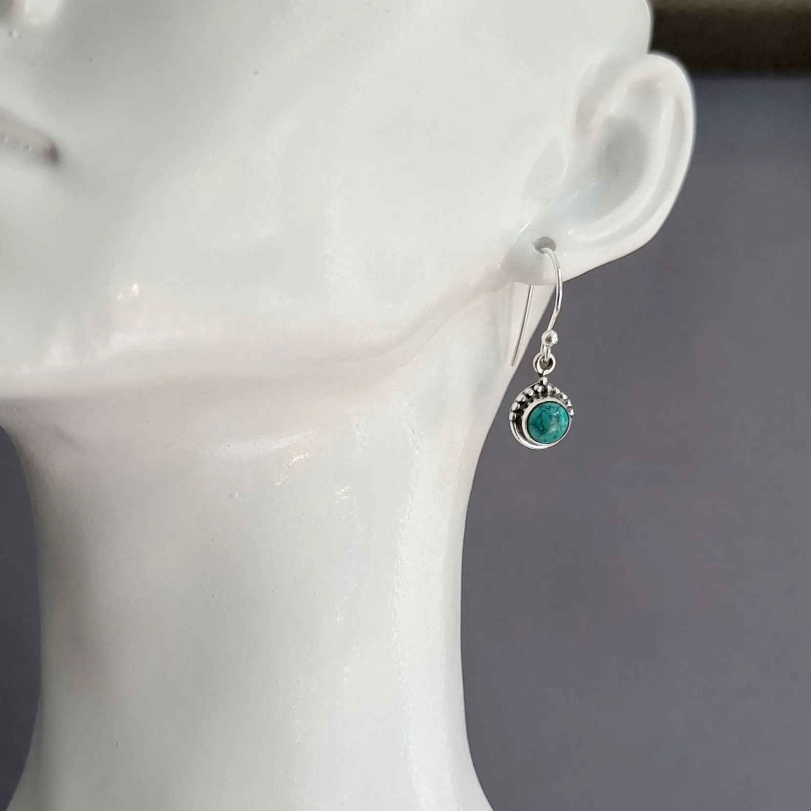 Boho Round 6mm Turquoise 925 Sterling Silver Earrings, E91T