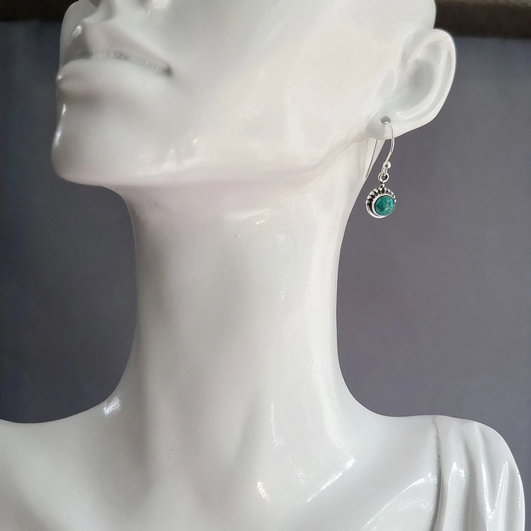 Boho Round 6mm Turquoise 925 Sterling Silver Earrings, E91T