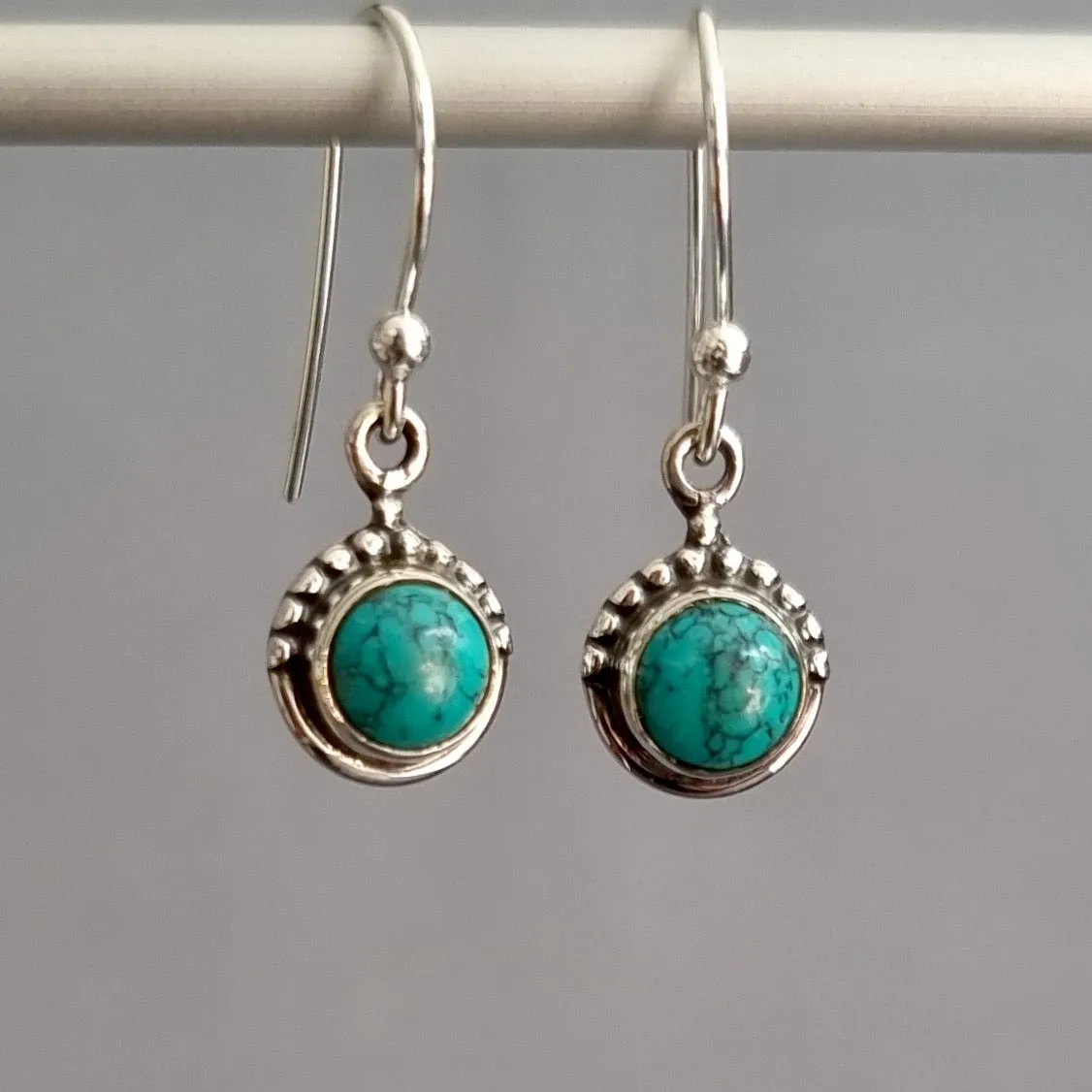 Boho Round 6mm Turquoise 925 Sterling Silver Earrings, E91T