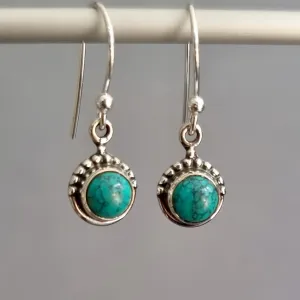 Boho Round 6mm Turquoise 925 Sterling Silver Earrings, E91T