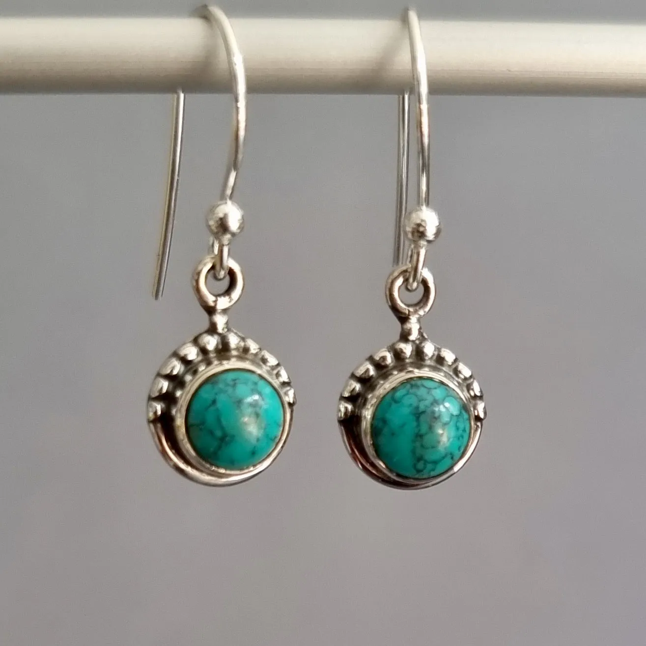Boho Round 6mm Turquoise 925 Sterling Silver Earrings, E91T