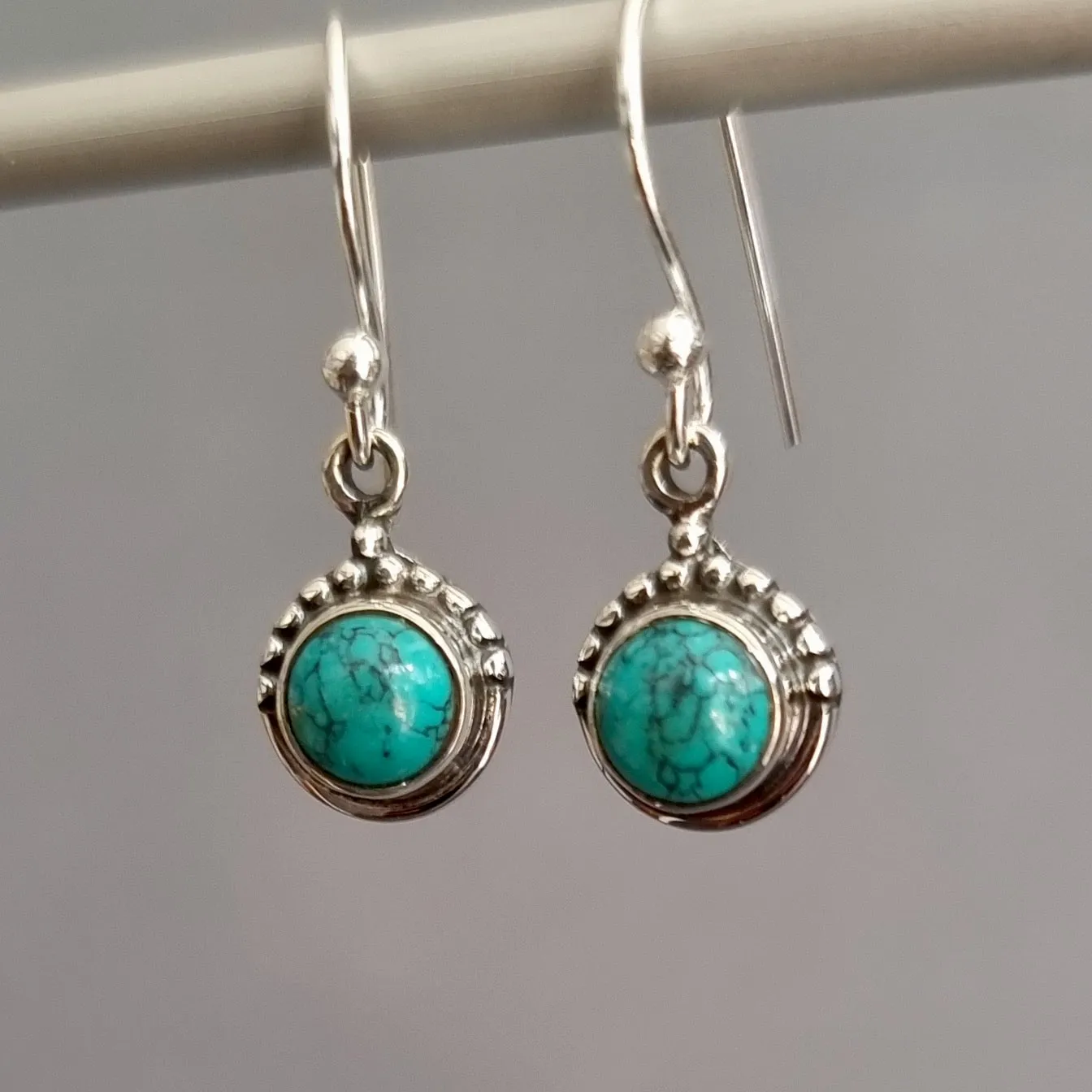 Boho Round 6mm Turquoise 925 Sterling Silver Earrings, E91T