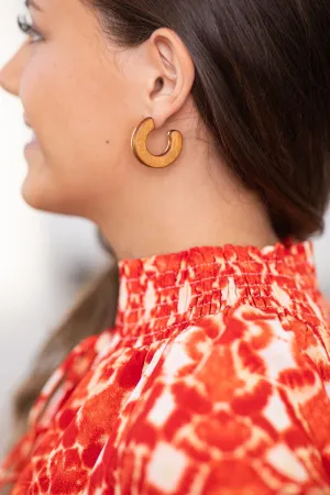 Brown and Gold Wood Small Hoop Earrings