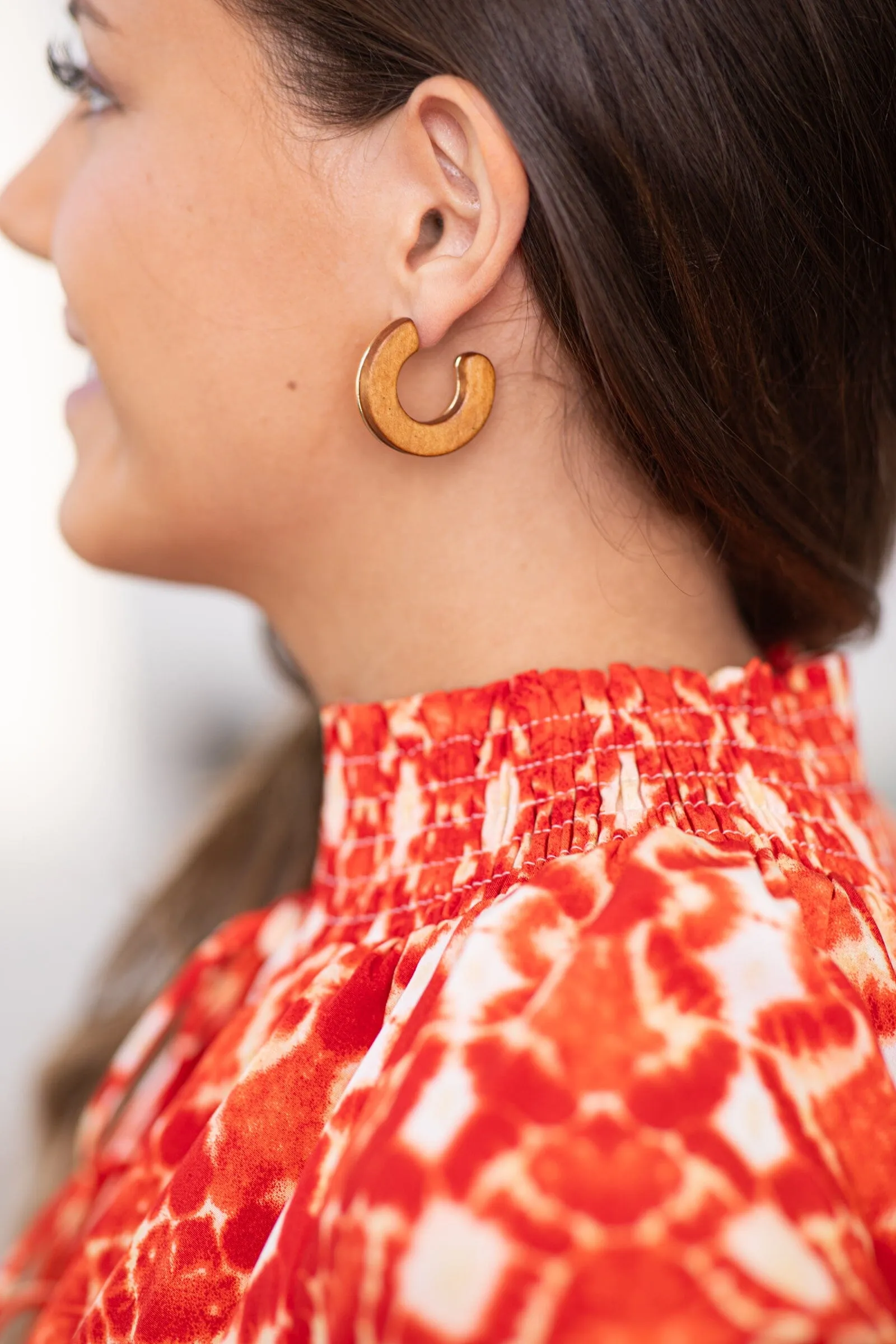 Brown and Gold Wood Small Hoop Earrings