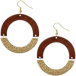 Brown Gold Wooden Glitter Link Earrings