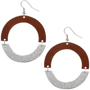 Brown Silver Wooden Glitter Link Earrings
