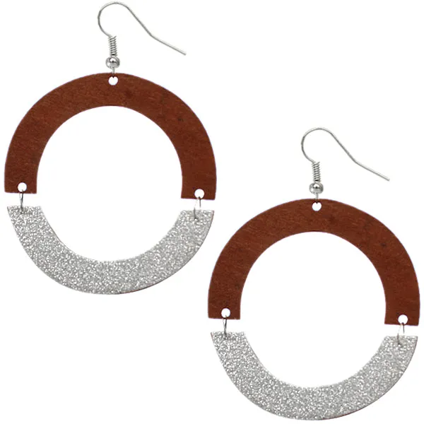 Brown Silver Wooden Glitter Link Earrings
