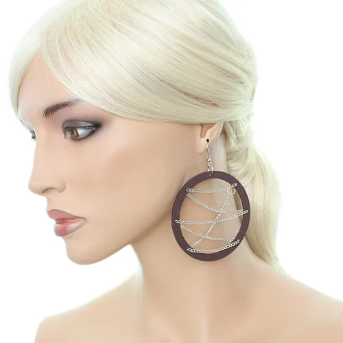 Brown Wooden Zigzag Chain Hoop Earrings