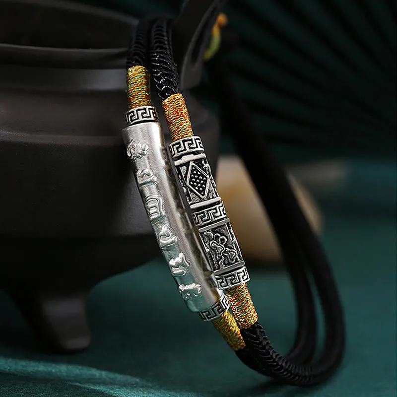 Buddha Stones Dragon Knot Sterling Silver Om Mani Padme Hum Double Hand Woven Bracelet