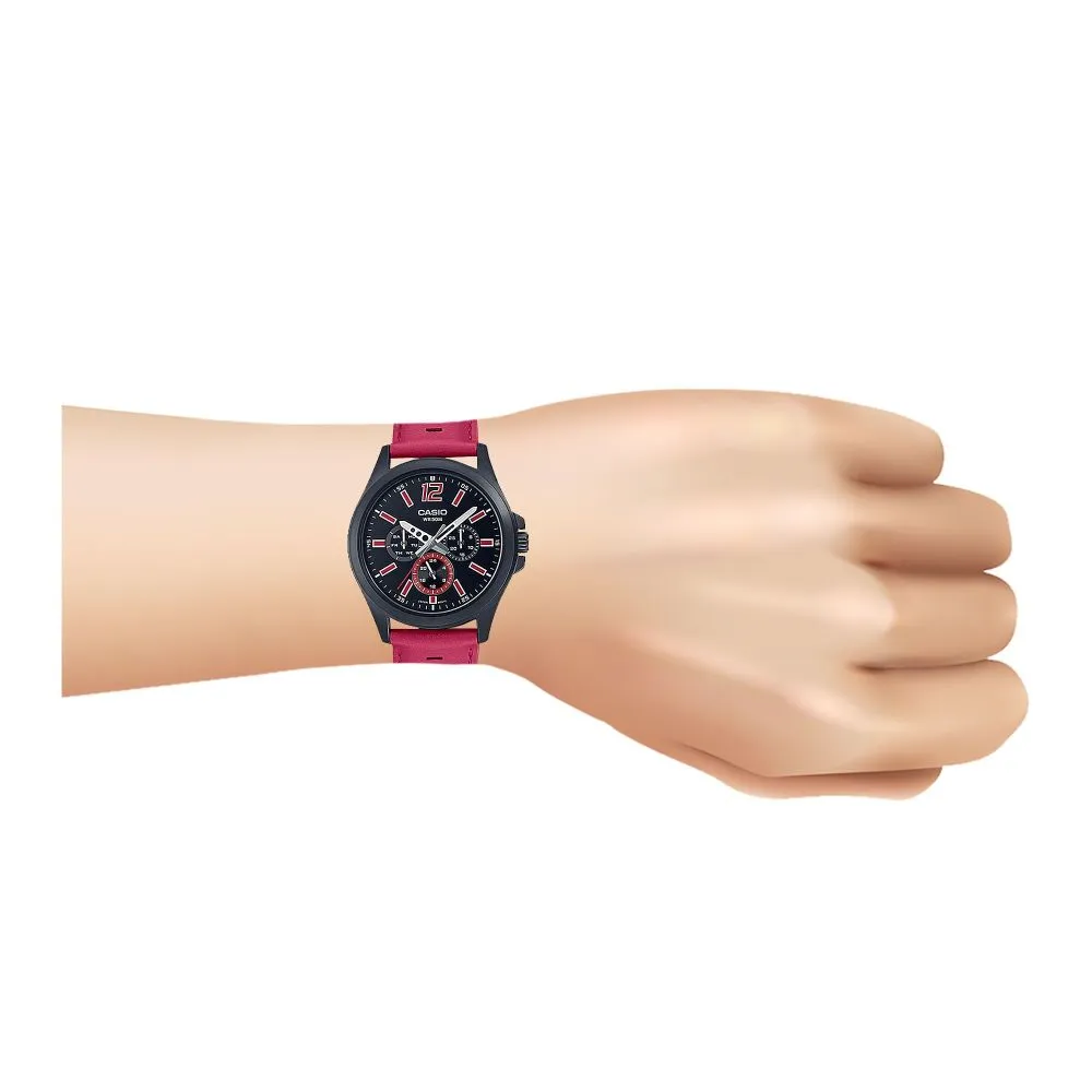 Casio WR-50M Men's Black Round Dial & Red Strap Chronograph Watch, MTP-E350BL-1BVDF