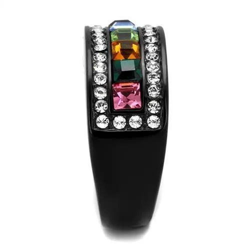 CJ1402J Wholesale Women's Stainless Steel IP Black Top Grade Crystal Multi Color Ring
