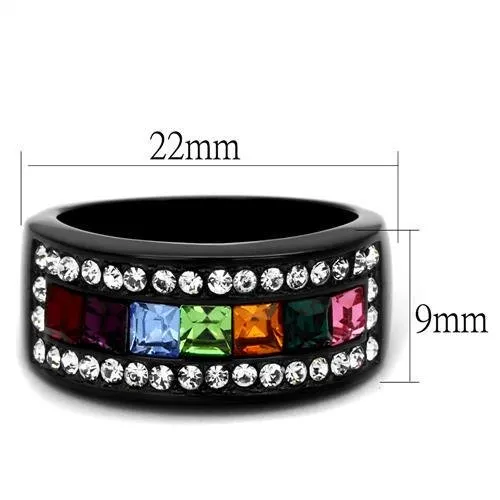 CJ1402J Wholesale Women's Stainless Steel IP Black Top Grade Crystal Multi Color Ring