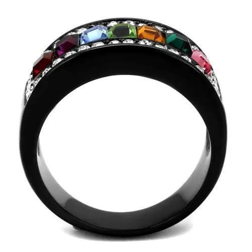 CJ1402J Wholesale Women's Stainless Steel IP Black Top Grade Crystal Multi Color Ring
