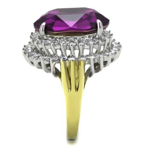 CJ1892 Wholesale Women's Stainless Steel Two-Tone IP Gold Top Grade Crystal Amethyst Purple Statement Ring
